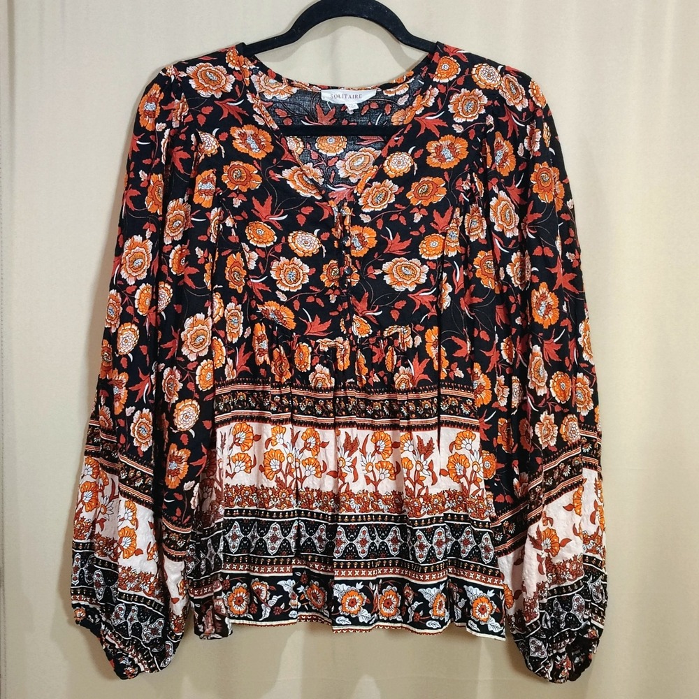 SOLITAIRE Boho Peasant Top Women XL Orange Black Floral Balloon Sleeve Festival